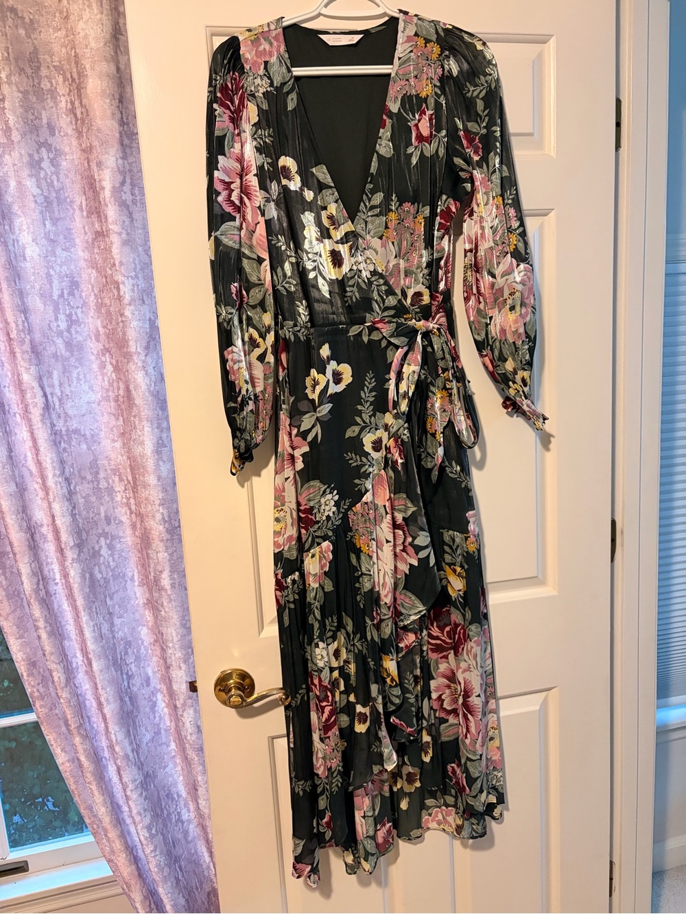 LC Lauren Conrad Black Floral Wrap Maxi Dress with Pink and Cream Blooms